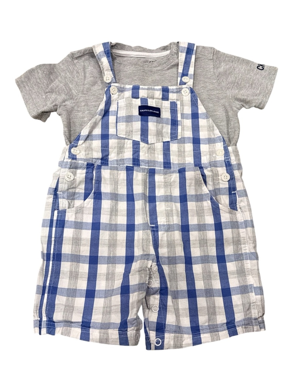 Calvin Klein Baby Boys Plaid Shortall Overalls Logo Tee size 24 months